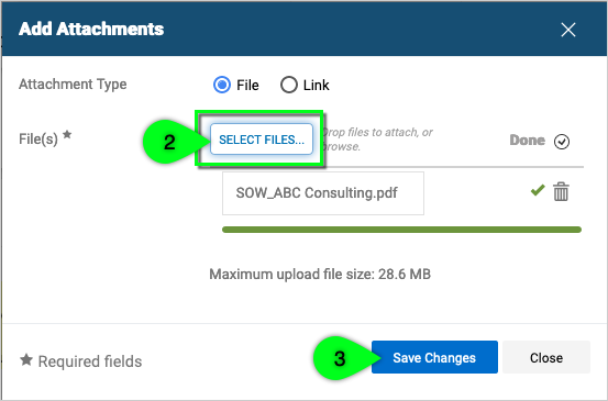 Click select files link and wait for document to upload before clicking save changes button