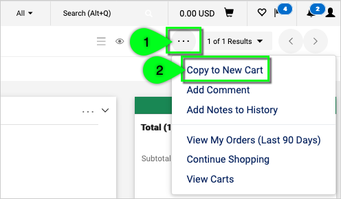 Ellipses at top reveals menu with actions including Copy to New Cart