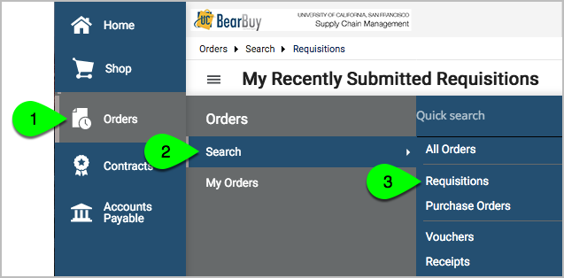 Menu Orders Search Requisitions