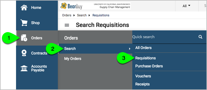 Menu Orders Search Requisitions