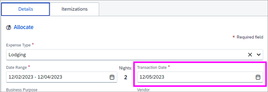 MyExpense transaction date field