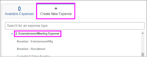 Scroll to the Entertainment/Meeting Expense section under the Create New Expense Tab