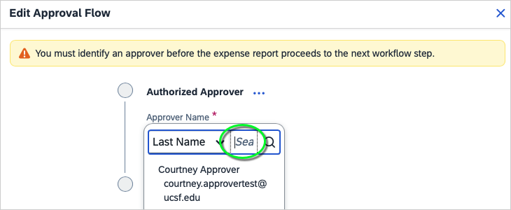 screenshot shows cursor placed in the Authorized Approver field and list of authorized approvers appears