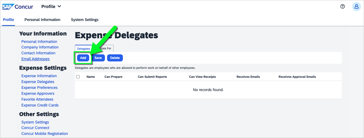 screenshot of Expense Delegates screen with Add button located below the Delegates tab