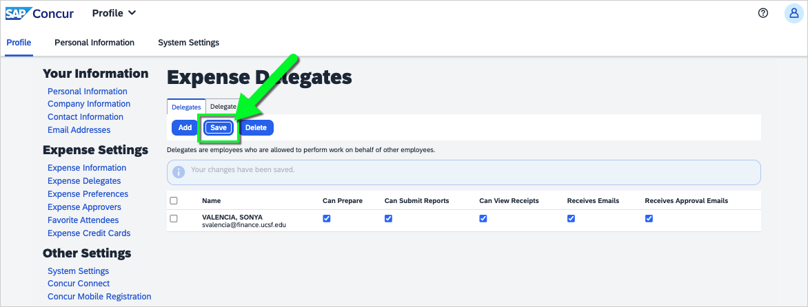 screenshot shows Save button under the Delegates tab to the right of the Add button