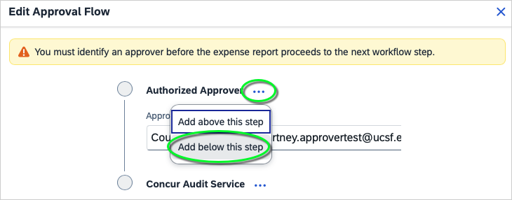 screenshot shows ellipsis next to Authorized Approver was clicked and dropdown menu with option selected for Add below this step