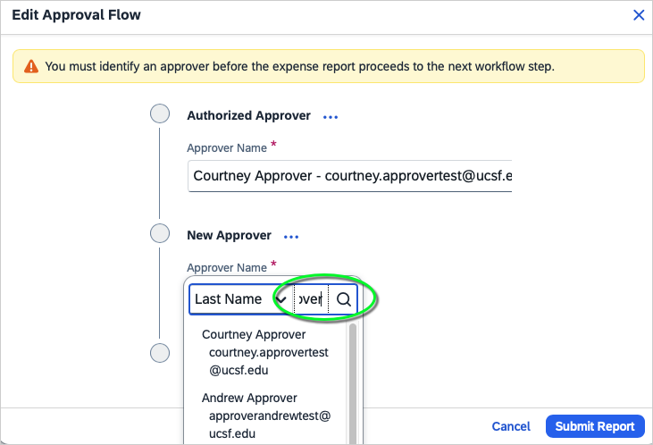 screenshot shows New Approver field and searching by Last Name