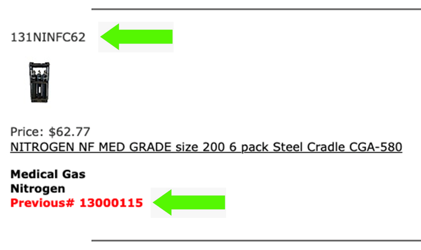 Example of an updated Item Number and Old Item Number from the ordering web page