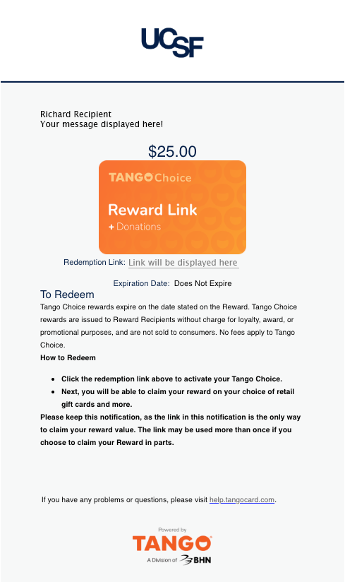 email preview featuring UCSF logo for a Tango reward redemption