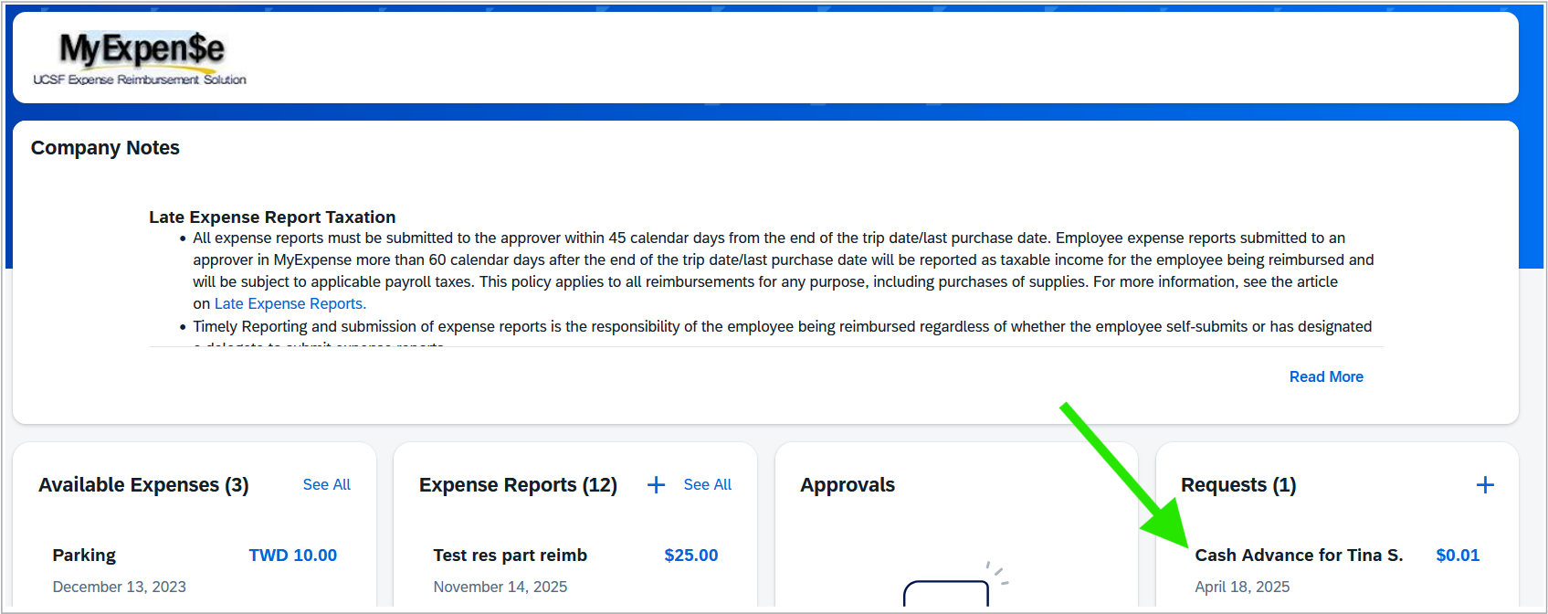 Screenshot MyExpense homepage with Requests in lower right