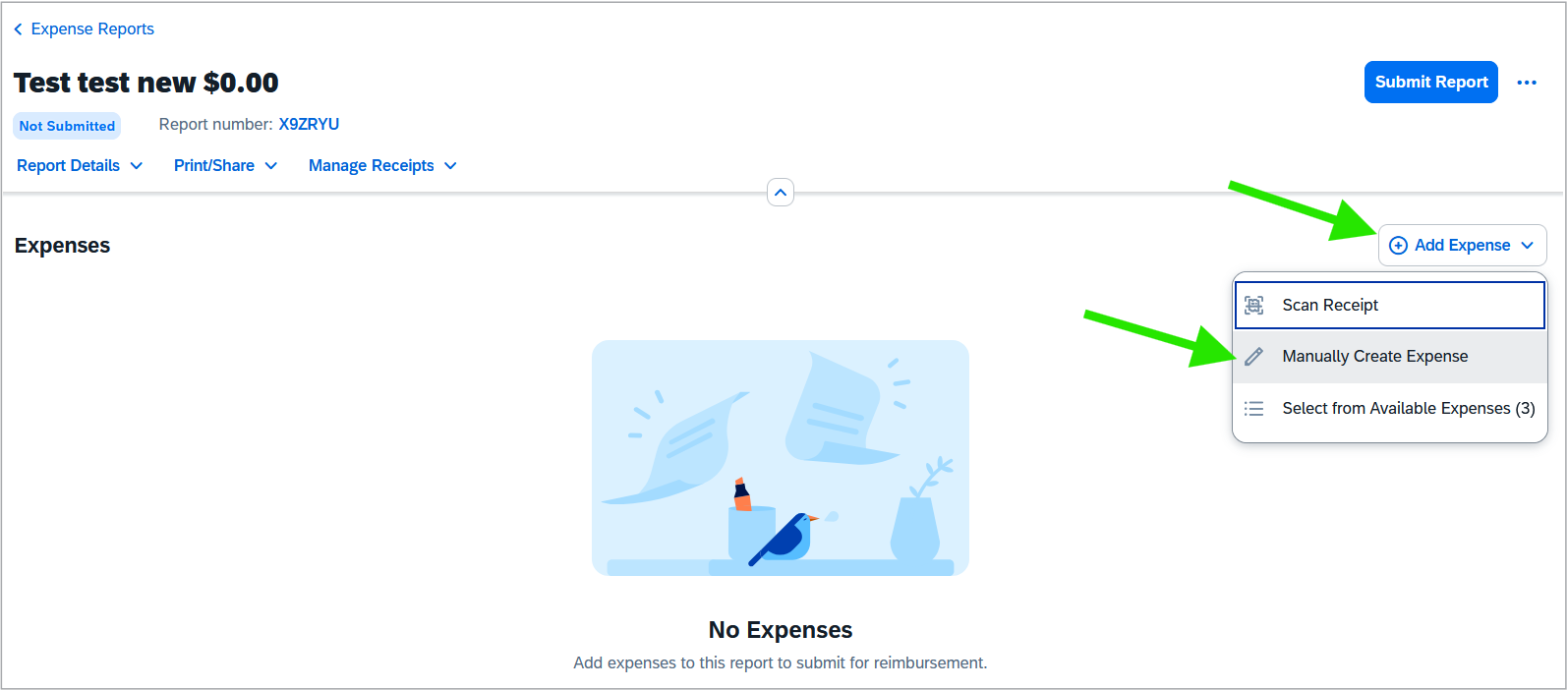 MyExpense homepage with Add Expense button and dropdown menu options