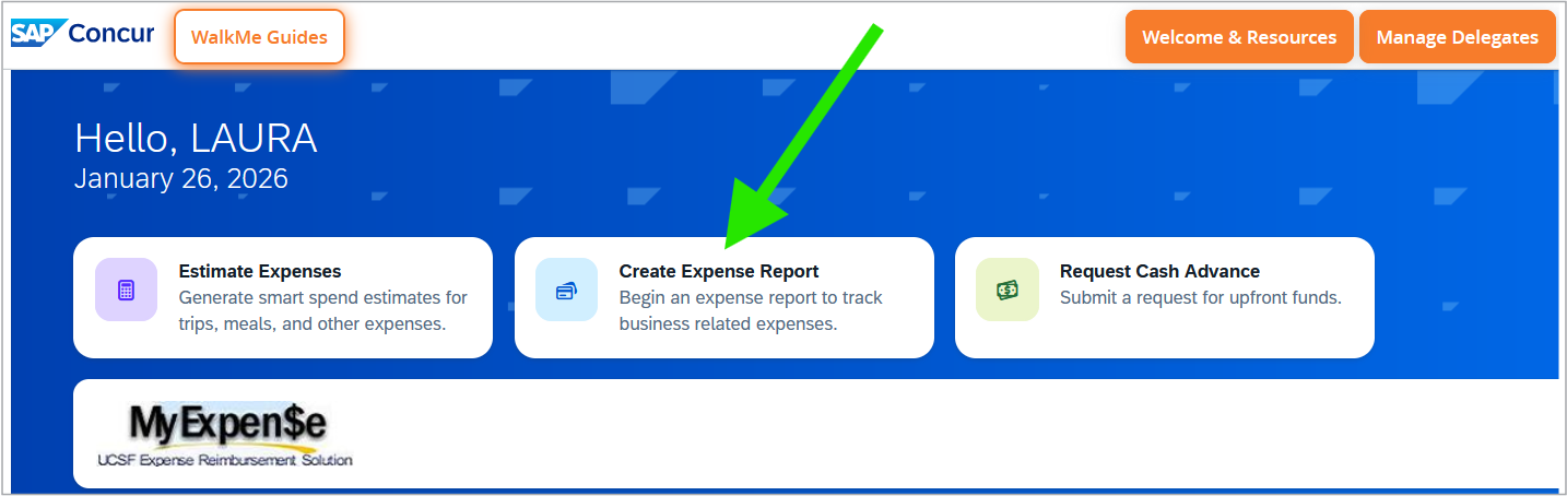 Create Expense Report button in center of MyExpense landing page
