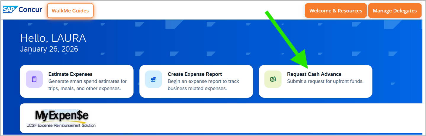 Request Cash Advance button in center left position on MyExpense homepage