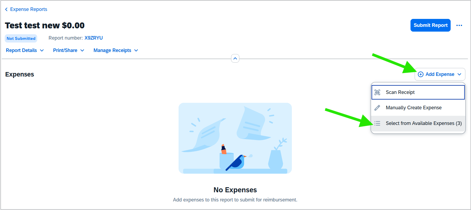 Screenshot with Add Expense button on right and dropdown options
