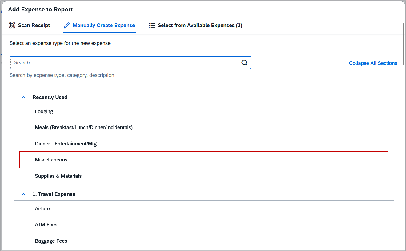 Screenshot expense types list
