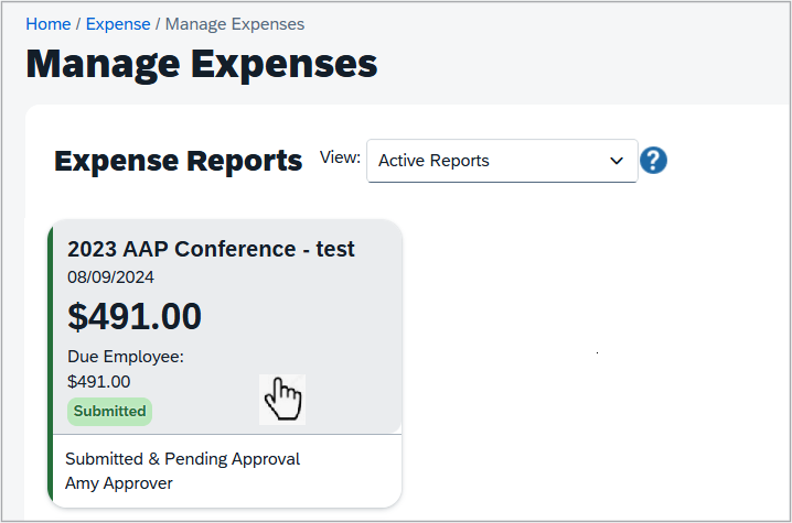 MyExpense screenshot shows Active Report pending approval