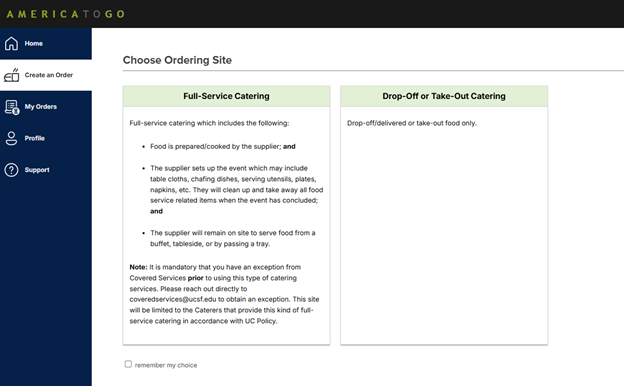america to go page create an order screenshot