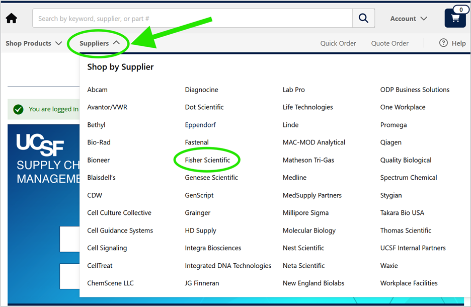 Opening a Supplier Punch-out in MyMarketplace supplier dropdown screenshot
