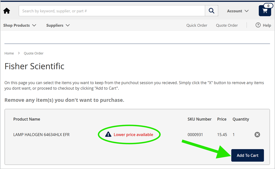 Opening a Supplier Punch-out in MyMarketplace lower price screenshot