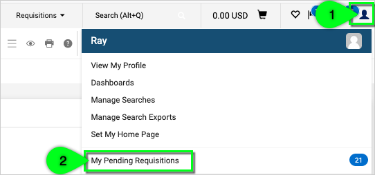 User Profile icon displays a list of options including My Pending Requisitions