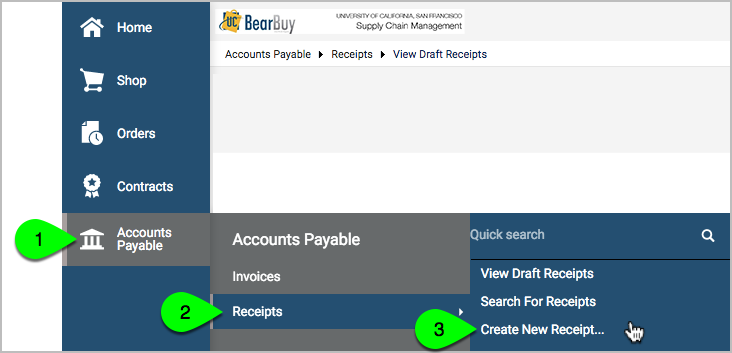 Menu Accounts Payable Receipts Create New Receipt