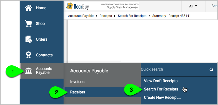 Menu Accounts Payable Receipts Search for Receipts