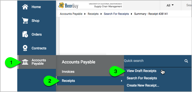 Menu Accounts Payable Receipts View Draft Receipts