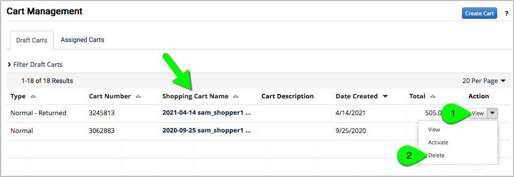 Shopping Cart Name and Action dropdown