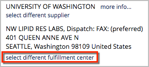 Select Different Fulfillment Center link