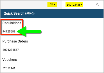 Search for PO number reveals option to select the associated Requisition