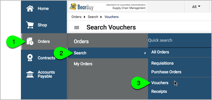 Menu Orders Search Vouchers