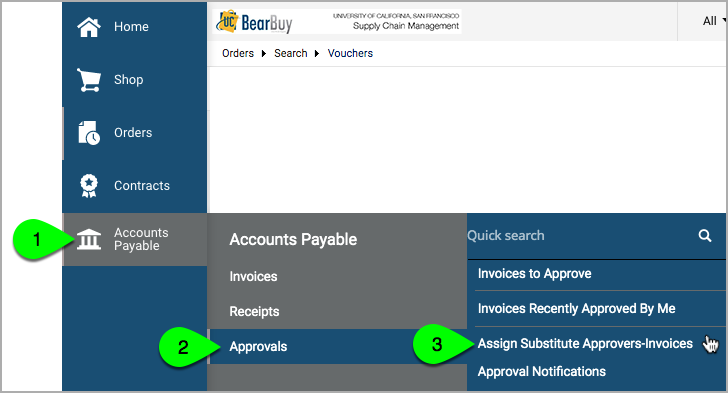 Menu Accounts Payable Approvals Assign Substitute Approvers Invoices