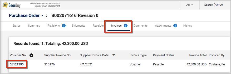 Invoices tab and Voucher Number link