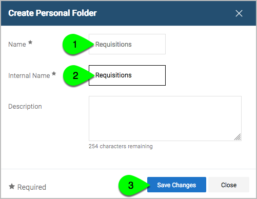 Create Personal Folder pop-up named Requisitions