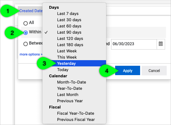 Date filter options selected Yesterday