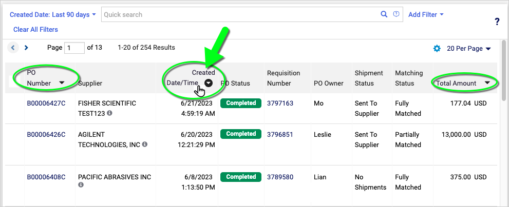 Search results are sorted based on the purchase order created date time