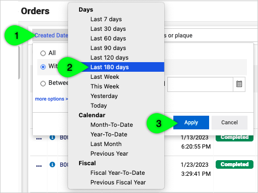 Date filter options