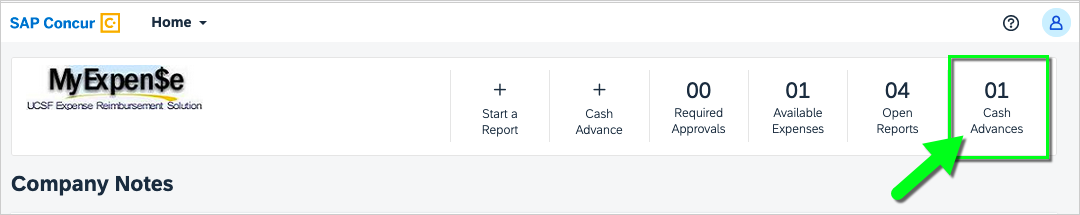 MyExpense homepage shows 1 cash advance in progress