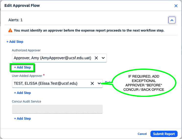 Exceptional Approver name entered in the User Added Approver box after the Authorized Approver box in the workflow