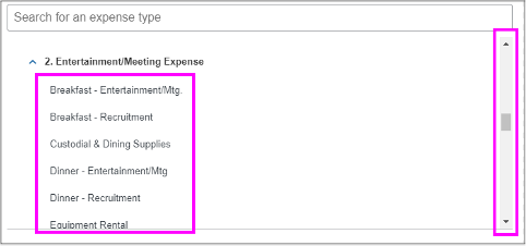 screenshot of expense list dropdown menu in MyExpense