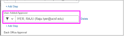 screenshot of user-add approver window in MyExpense