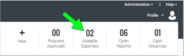 Available Expenses button on MyExpense homepage