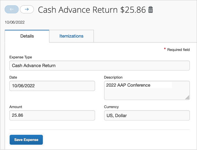 Cash Advance Return example expense line
