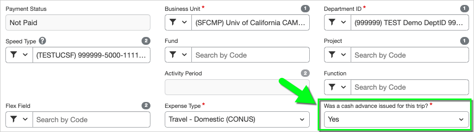 Yes is selected for Was a Cash Advance issued for this trip