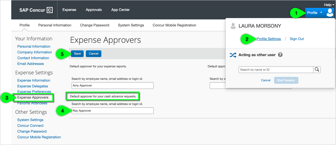 Approver's name appears in the Default cash advance approver box