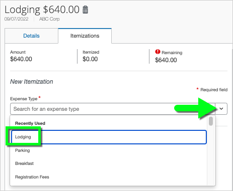 Expense Type dropdown shows Lodging as an option