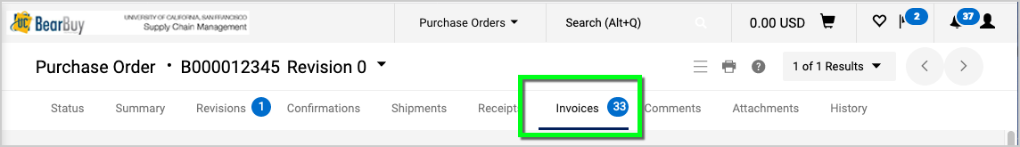 Invoices tab highlighted on the PO