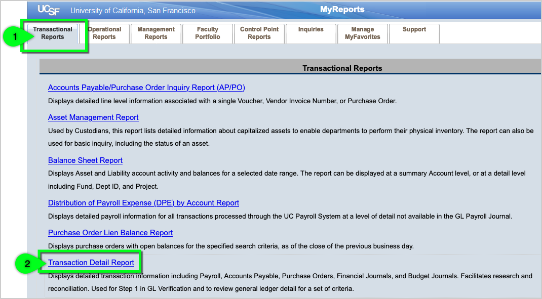 Screenshot Transaction Detail Report link
