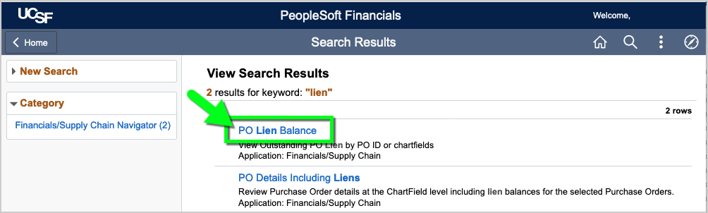 Search results showing PO Lien Balance