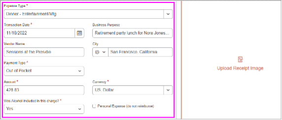 screenshot of required fields window in MyExpense